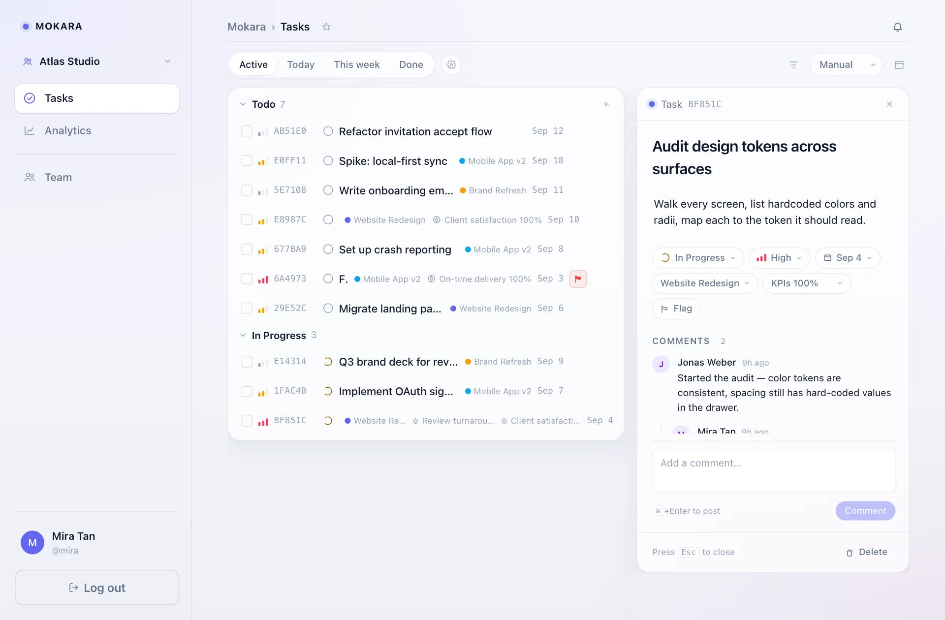 A task drawer with status, priority and due-date chips, a project chip, weighted KPIs and a threaded comment