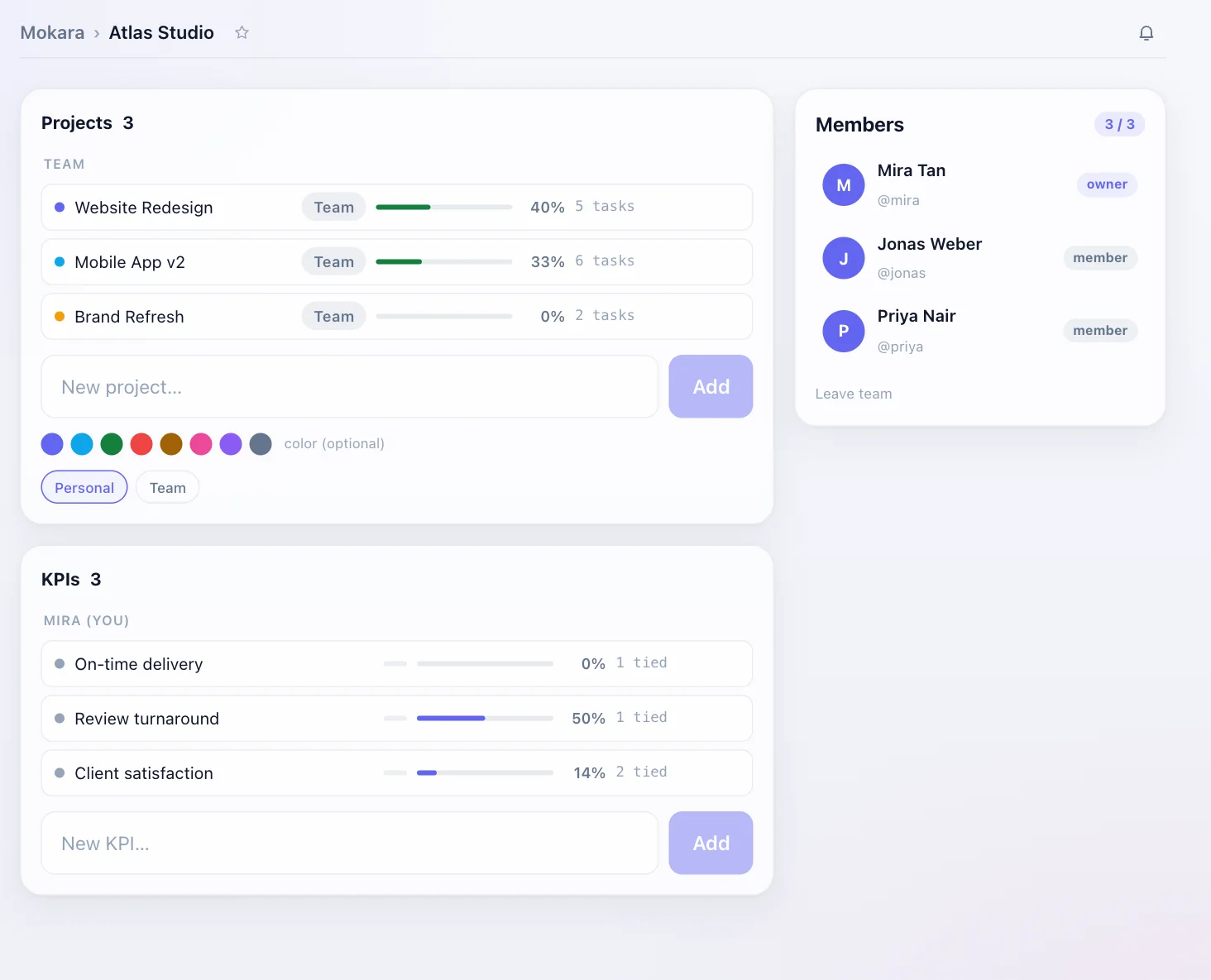 A workspace page with stacked project layers showing progress bars, beside the member list